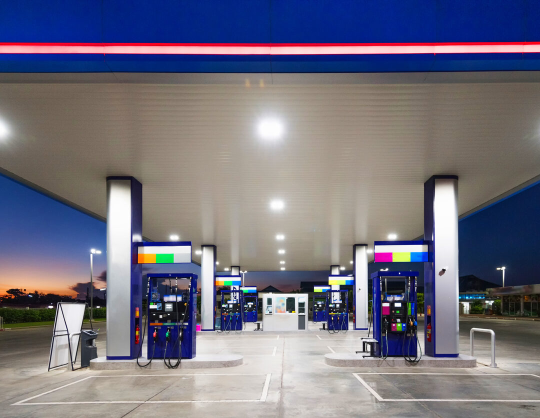 Gas fuel station with sunrise sky